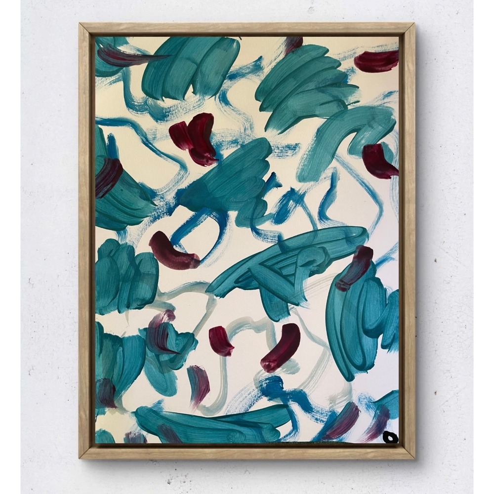 Original Abstract Acrylic Painting 9x12 Paper Teal Burgundy Modern Art Decor